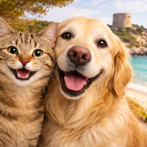 Happy dog and cat receiving a home vet visit in Ibiza